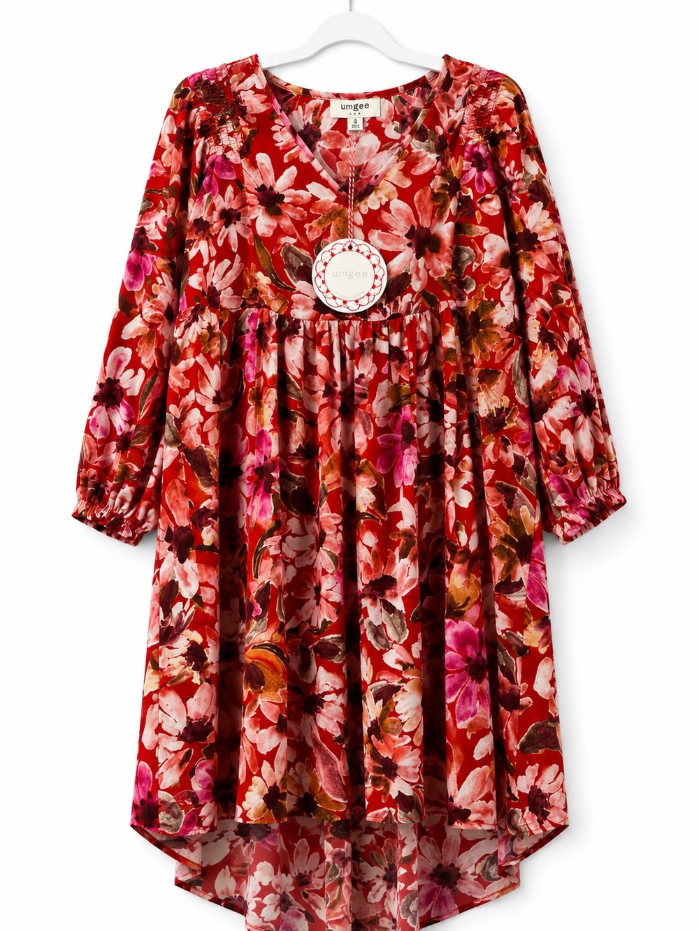 Umgee Floral Babydoll Dress NWT High Low V Neck Long Sleeve Small